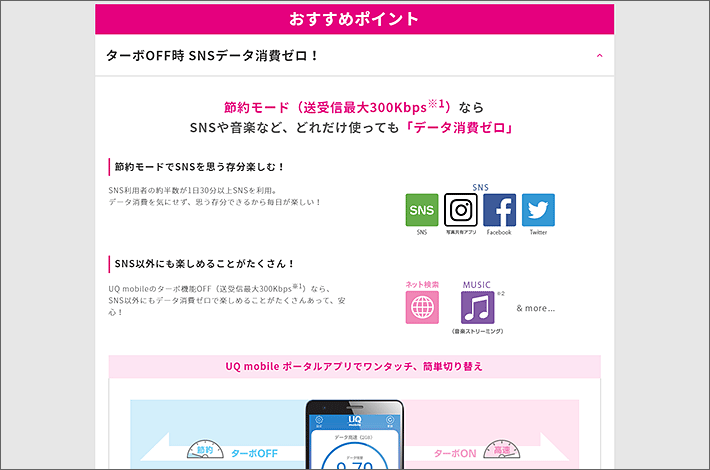 ターボOFF時 SNSデータ消費ゼロ