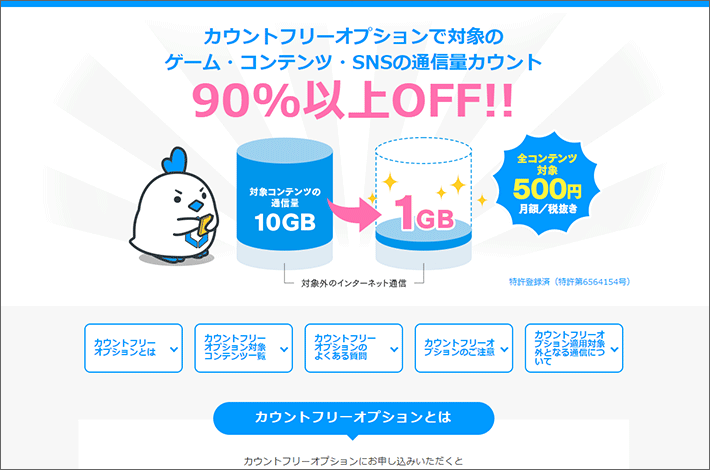 カウントフリーオプションで対象のゲーム・コンテンツ・SNSの通信量カウント 90%以上OFF