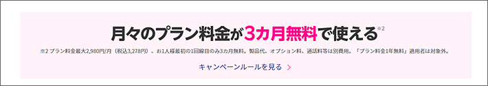 月々のプラン料金が3ヵ月無料で使える